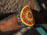 Yellow Beads and Leather Cuff
