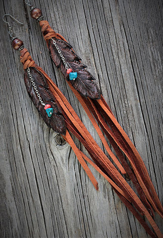 Brown Tooled Feathers with Dangles Earrings