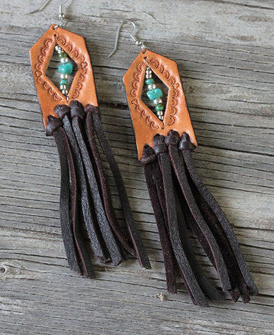 Handtooled Chevron with Fringe Earrings