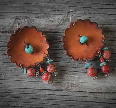 Leather Rosettes and Dangles Earrings