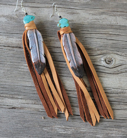 Turquoise Bears and Feather Earrings