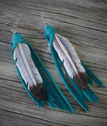 White Feathers and Turquoise Deerskin Earrings