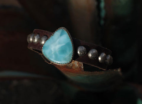 Larimar with Brown Leather Cuff
