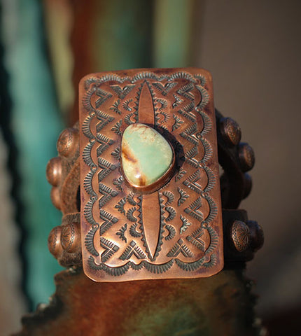 Navajo Stamped Green Mountain Turquoise Rein Cuff