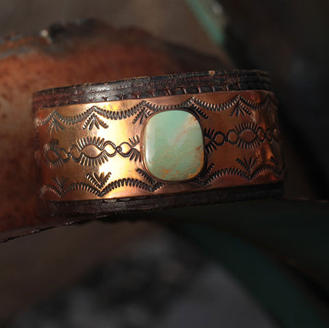 Navajo Stamped Green Mountain Turquoise Belt Cuff